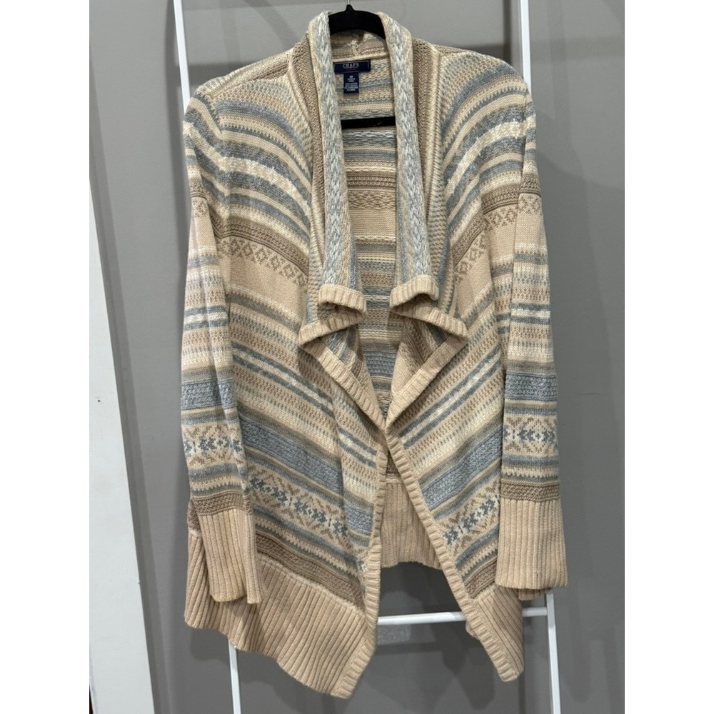 Chaps Denim Womens M Beige Blue Fair Isle Open Front Shawl Cardigan Sweater Boho